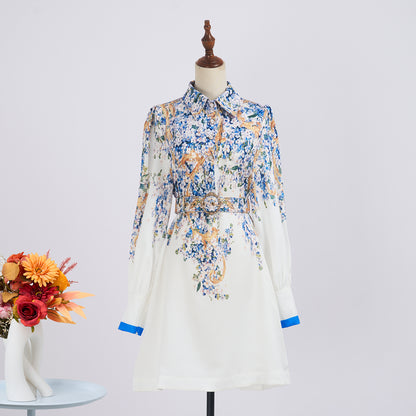 Summer Blue Floral Lapel Long Sleeve Dress w/ Belt