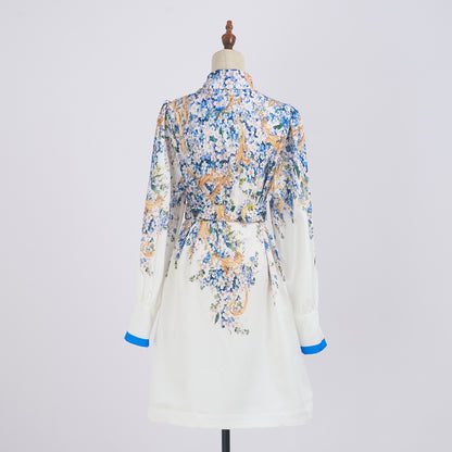 Summer Blue Floral Lapel Long Sleeve Dress w/ Belt