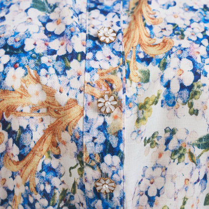 Summer Blue Floral Lapel Long Sleeve Dress w/ Belt