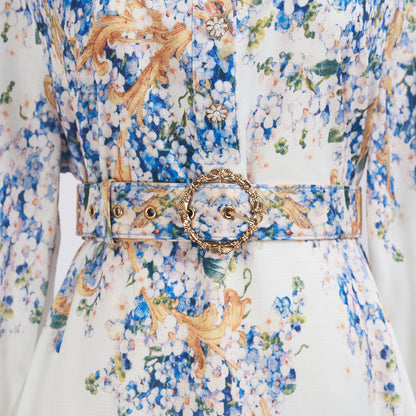 Summer Blue Floral Lapel Long Sleeve Dress w/ Belt