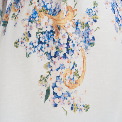 Summer Blue Floral Lapel Long Sleeve Dress w/ Belt