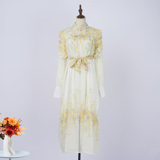 Floral Stand Collar Long Sleeve Tie Waist Midi Dress