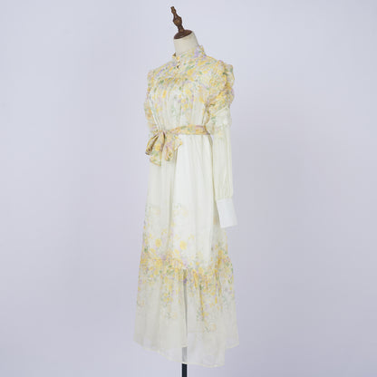Floral Stand Collar Long Sleeve Tie Waist Midi Dress