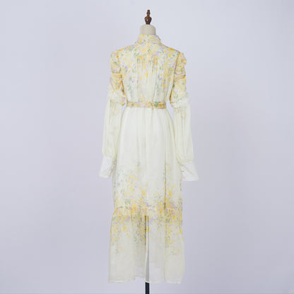 Floral Stand Collar Long Sleeve Tie Waist Midi Dress