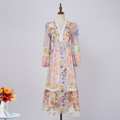 Vacation Style V-neck Lantern Sleeve Vintage Dress