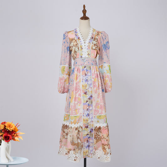 Vacation Style V-neck Lantern Sleeve Vintage Dress