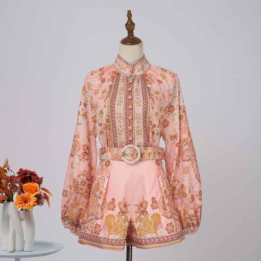 Long Sleeve Button Blouse & Shorts Set