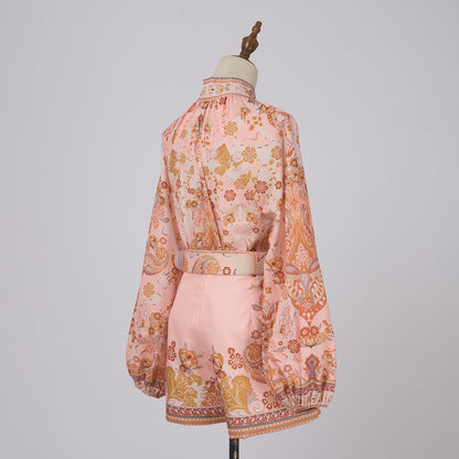 Long Sleeve Button Blouse & Shorts Set