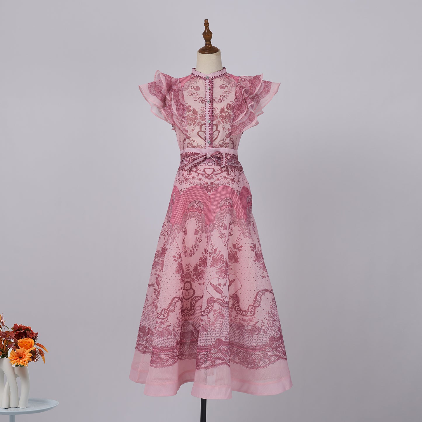 Sleeveless Stand-Up Collar & Ruffled Skirt Set