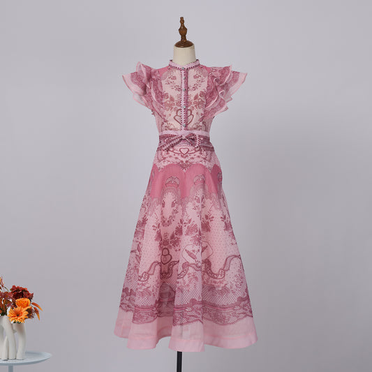 Sleeveless Stand-Up Collar & Ruffled Skirt Set
