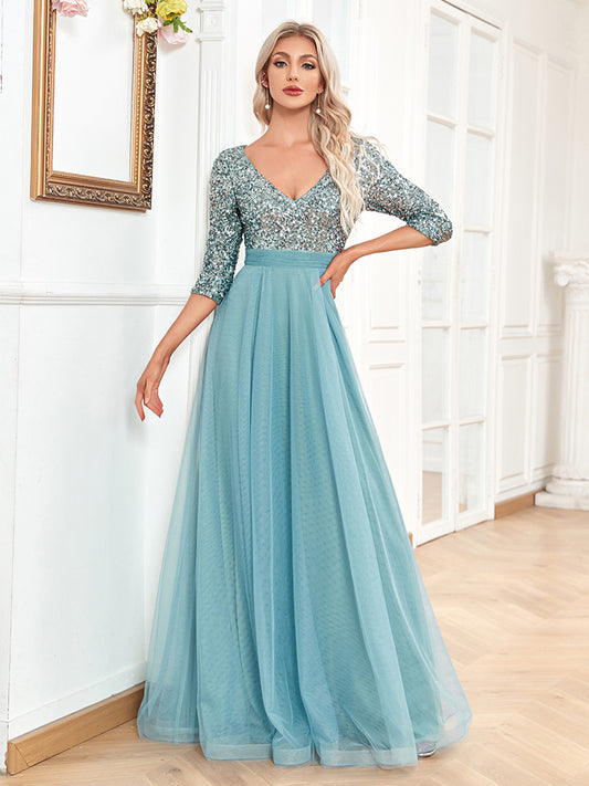 V neck Sequined Tulle A-line Dress