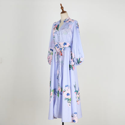 V-neck Buckle Lantern Sleeves Long Dress