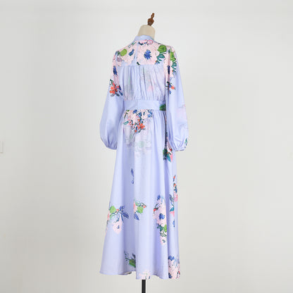 V-neck Buckle Lantern Sleeves Long Dress