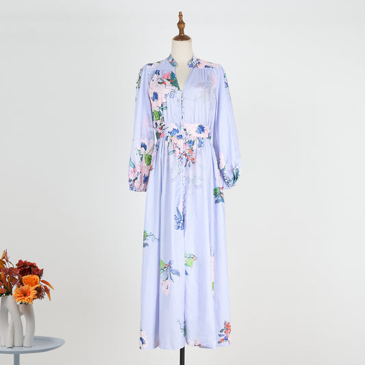 V-neck Buckle Lantern Sleeves Long Dress