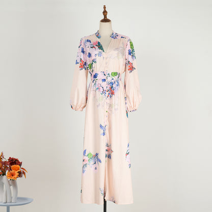 V-neck Buckle Lantern Sleeves Long Dress