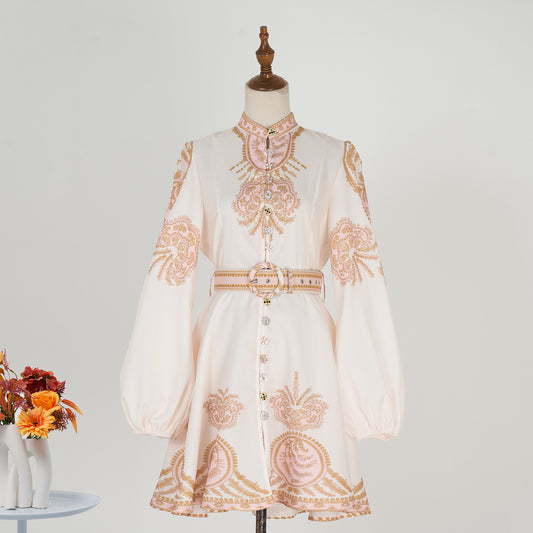 Stand Collar Printed Short Dress