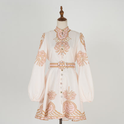 Stand Collar Printed Short Dress