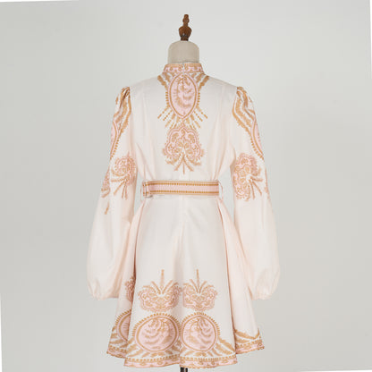 Stand Collar Printed Short Dress
