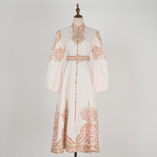 Stand Collar Printed Button Maxi Dress