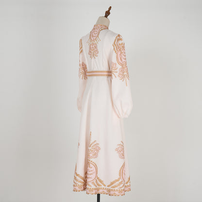 Stand Collar Printed Button Maxi Dress