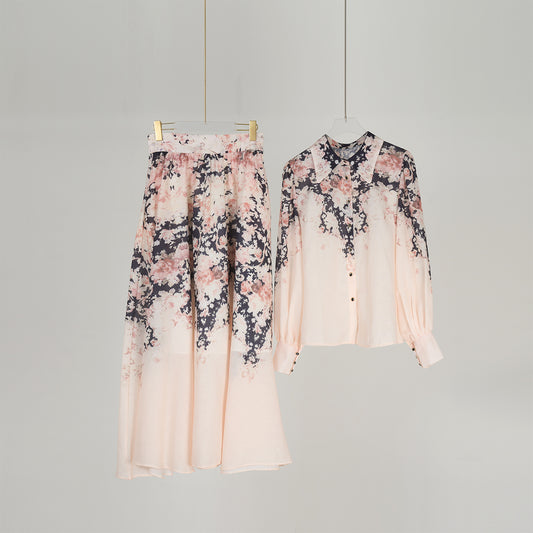 Flower Pattern Long Sleeve Blouse & Long Skirt Set