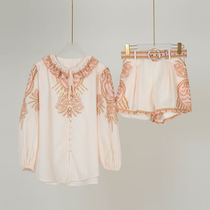 Loose Shirt With Ruffled Collar Elastic Waist Shorts Two Piece Set