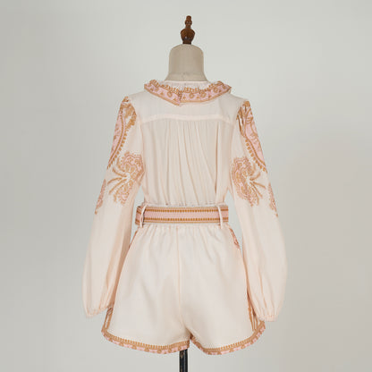 Loose Shirt With Ruffled Collar Elastic Waist Shorts Two Piece Set