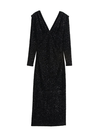 Sequin Black Padded Shoulder Dress