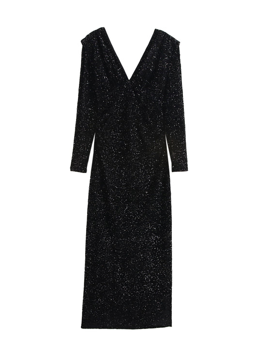 Sequin Black Padded Shoulder Dress
