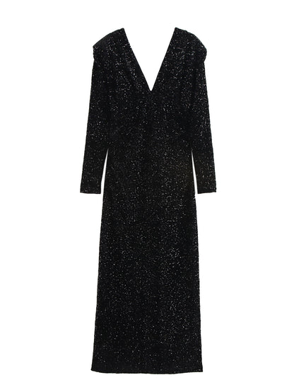 Sequin Black Padded Shoulder Dress