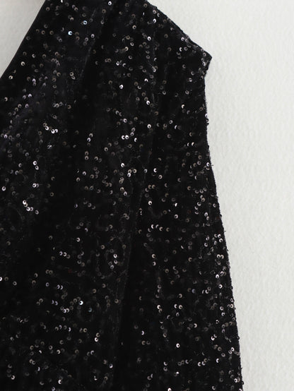 Sequin Black Padded Shoulder Dress