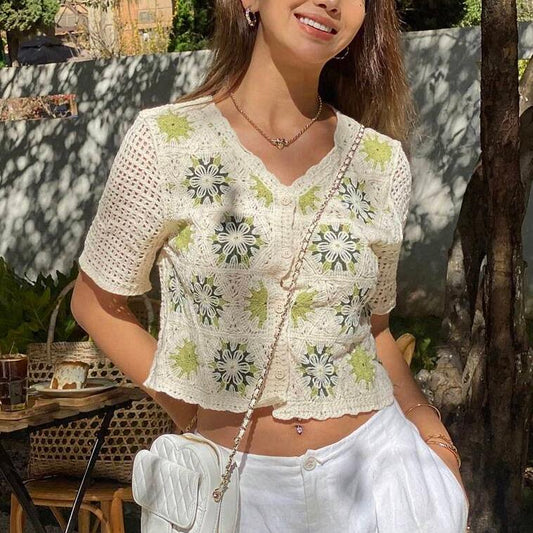 Crocheted V -neck Short Sleeved Knitted Top
