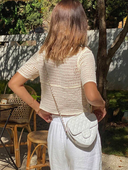 Crocheted V -neck Short Sleeved Knitted Top