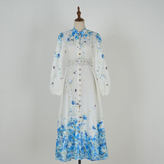 Bubble Long Sleeved Print Blue Flower Dress w/ Belt
