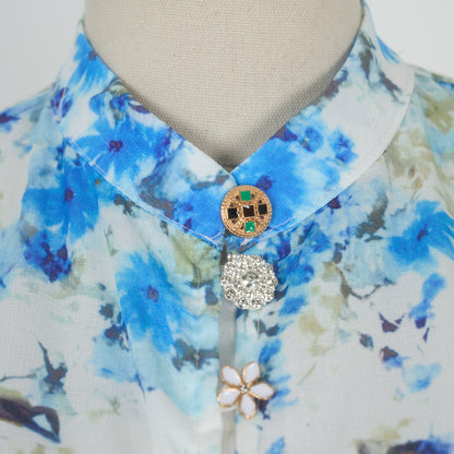Bubble Long Sleeved Print Blue Flower Dress w/ Belt