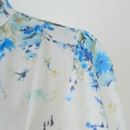Bubble Long Sleeved Print Blue Flower Dress w/ Belt