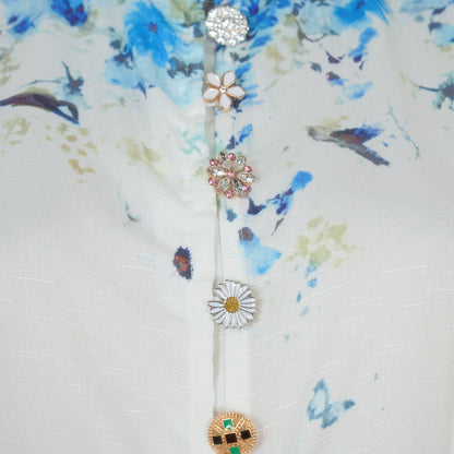 Bubble Long Sleeved Print Blue Flower Dress w/ Belt