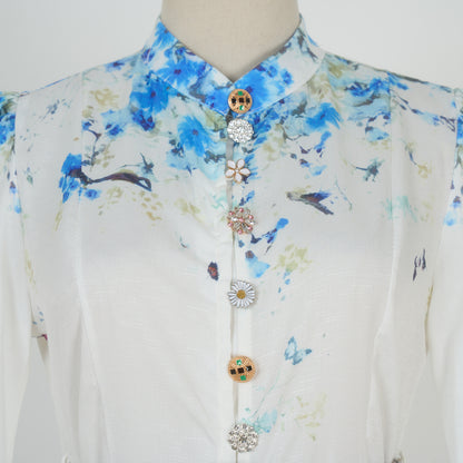 Bubble Long Sleeved Print Blue Flower Dress w/ Belt
