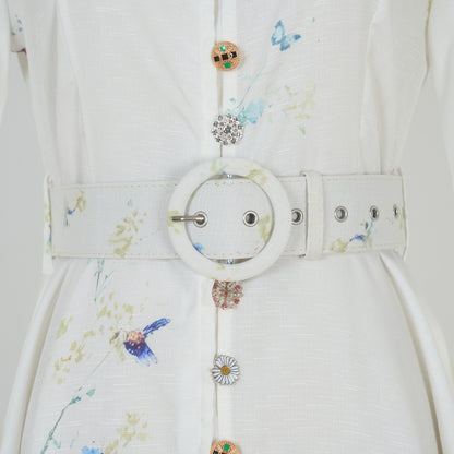 Bubble Long Sleeved Print Blue Flower Dress w/ Belt