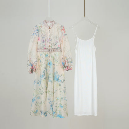 Graceful Stand-Up Collar Lantern Sleeve Dress w/ Belt