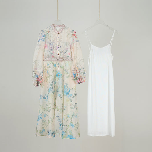 Graceful Stand-Up Collar Lantern Sleeve Dress w/ Belt