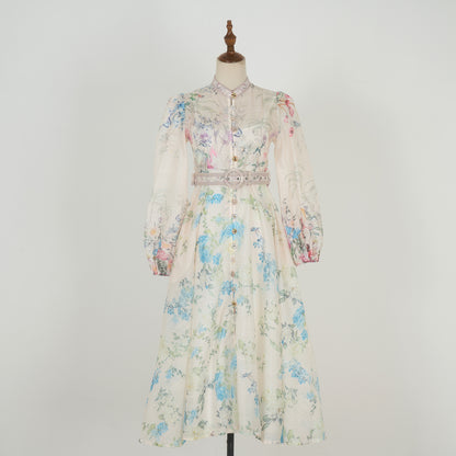 Graceful Stand-Up Collar Lantern Sleeve Dress w/ Belt