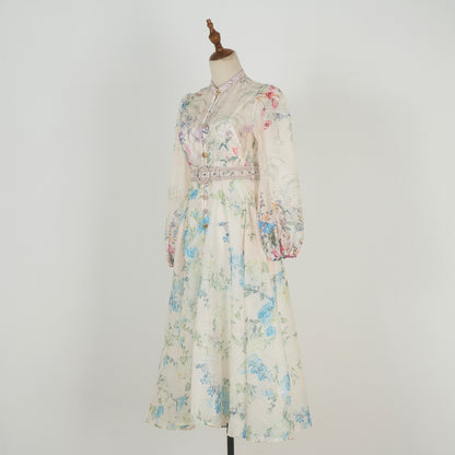 Graceful Stand-Up Collar Lantern Sleeve Dress w/ Belt