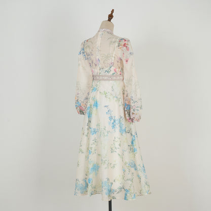 Graceful Stand-Up Collar Lantern Sleeve Dress w/ Belt