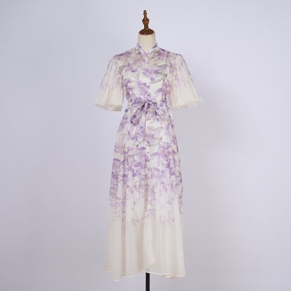 Elegant Short Sleeved Long Dress With Printed Pattern