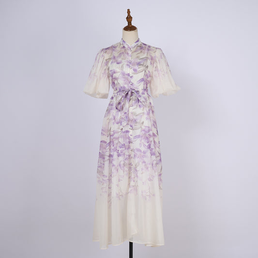 Elegant Short Sleeved Long Dress With Printed Pattern
