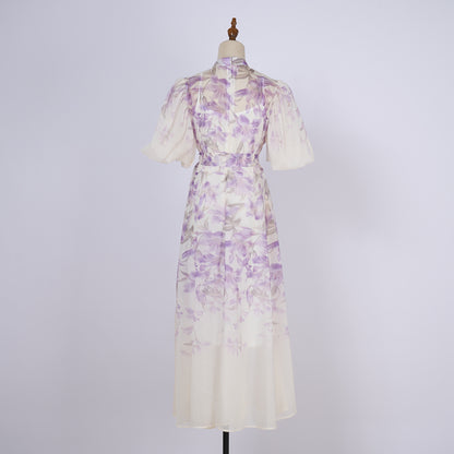 Elegant Short Sleeved Long Dress With Printed Pattern