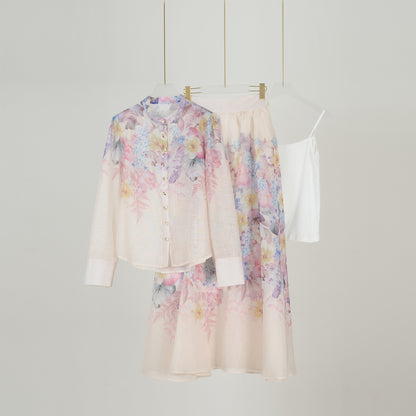 Long Sleeved Floral Printed Blouse & Skirt Set