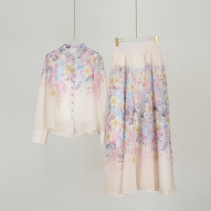 Long Sleeved Floral Printed Blouse & Skirt Set