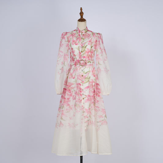 Vacation Style Patterned Buttoned Dress